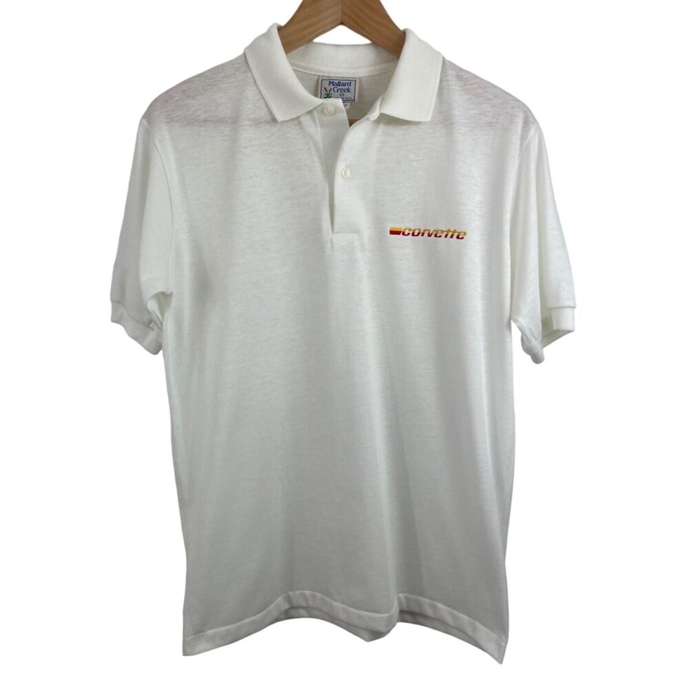 Vintage Corvette White Polo Shirt Mens Size Medium Short Sleeve Mallard Creek